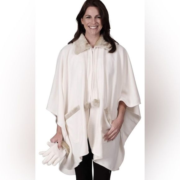 LeModa Zip Front Faux Fur Fleece Cape Cream Colored. One Size Fits Most - Picture 1 of 5